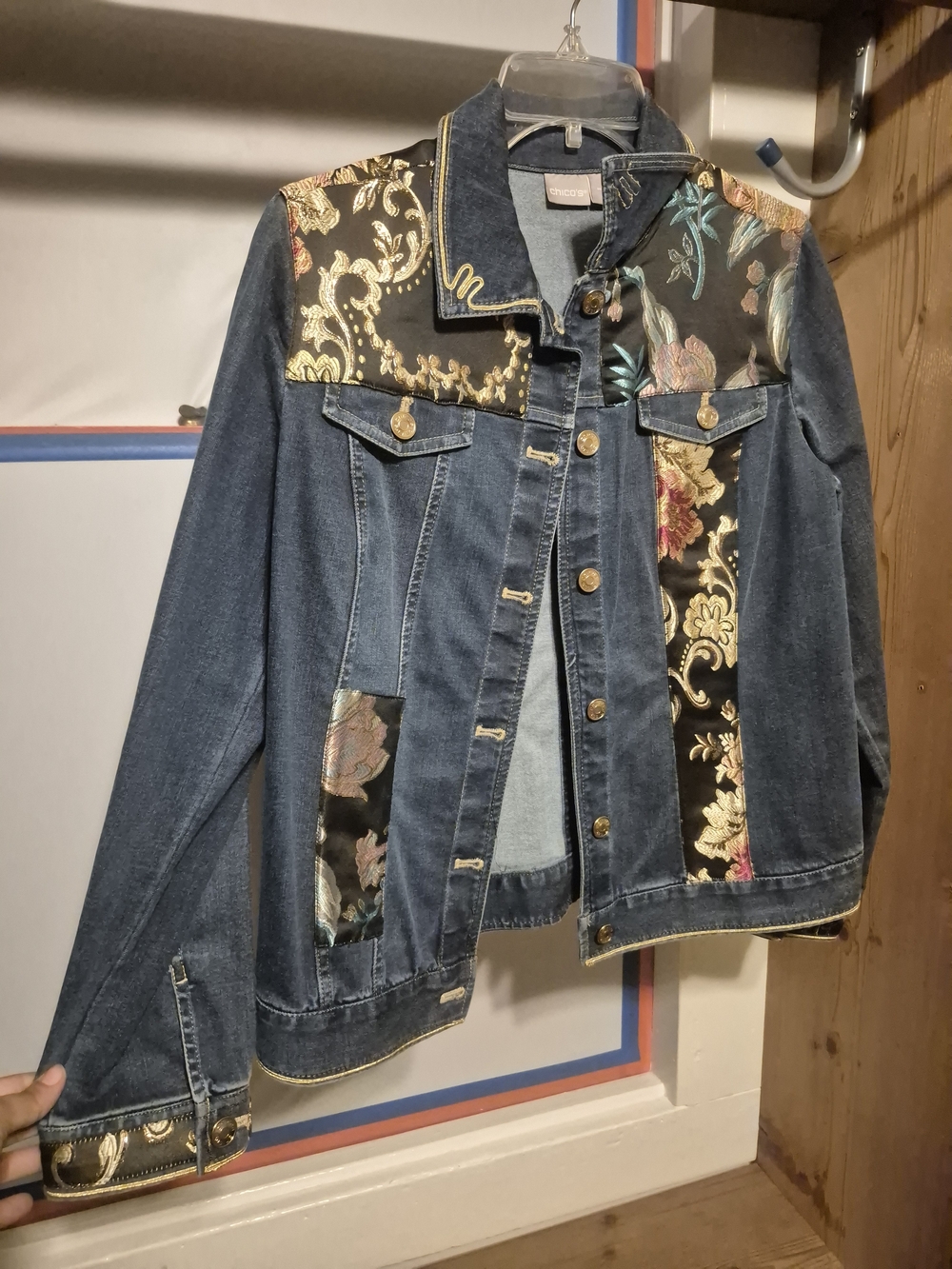 Chico's Dark Blue Denim Jacket with Black and Gold Floral Panels